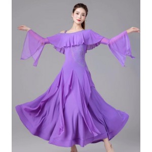 Purple wine lavender ballroom dance dresses for women girls slant neck flare sleeves waltz tango foxtrot practice gown for female